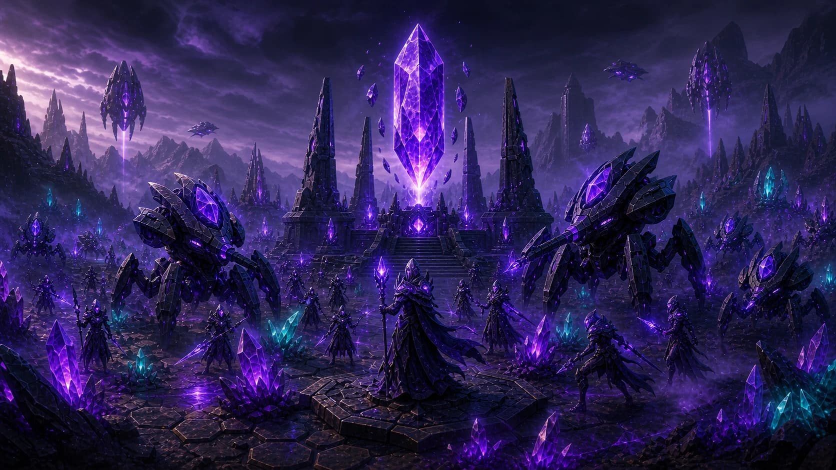 An Awakened temple lit by a levitating violet crystal, obsidian war machines gathered beneath it
