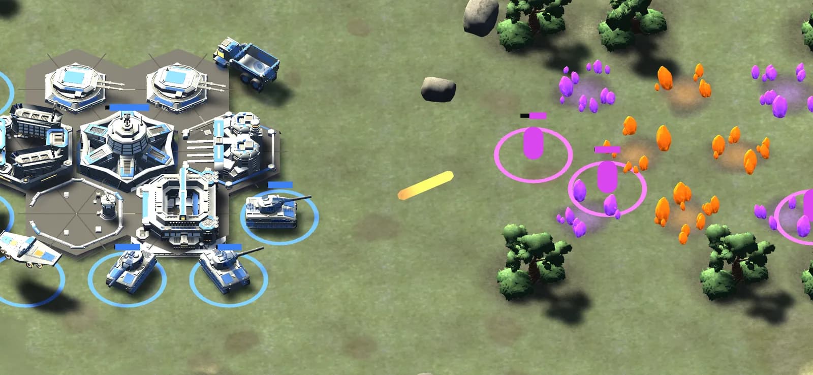 Hammerforce tanks firing on an Awakened infantry rush outside a fully built Hammerforce base.