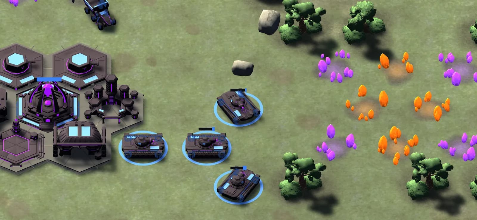 A fully built Awakened base with battle-damaged tanks defending the approach.