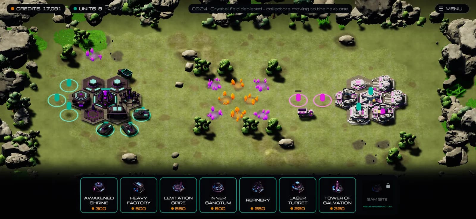 Both faction bases fully built on a grasslands battlefield, full HUD with credits, units and build menu visible.