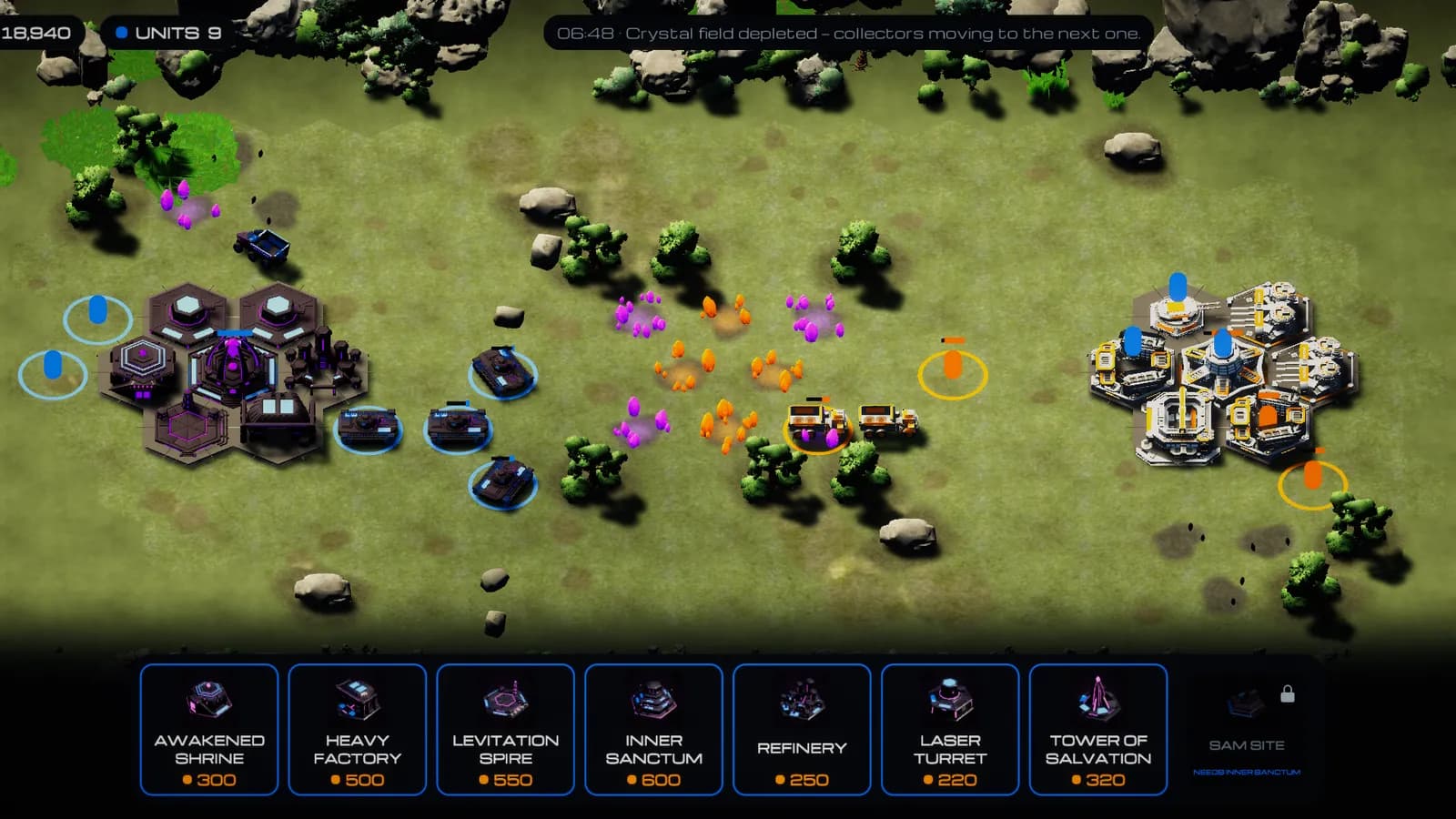Both faction bases well developed, full HUD with the build menu open.